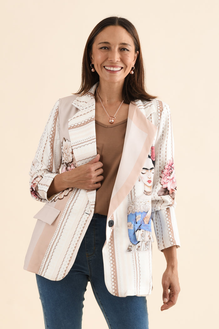 Aeris Mocha Artisan Collared Blazer,Front,Brunette model,alt text|model:Cara