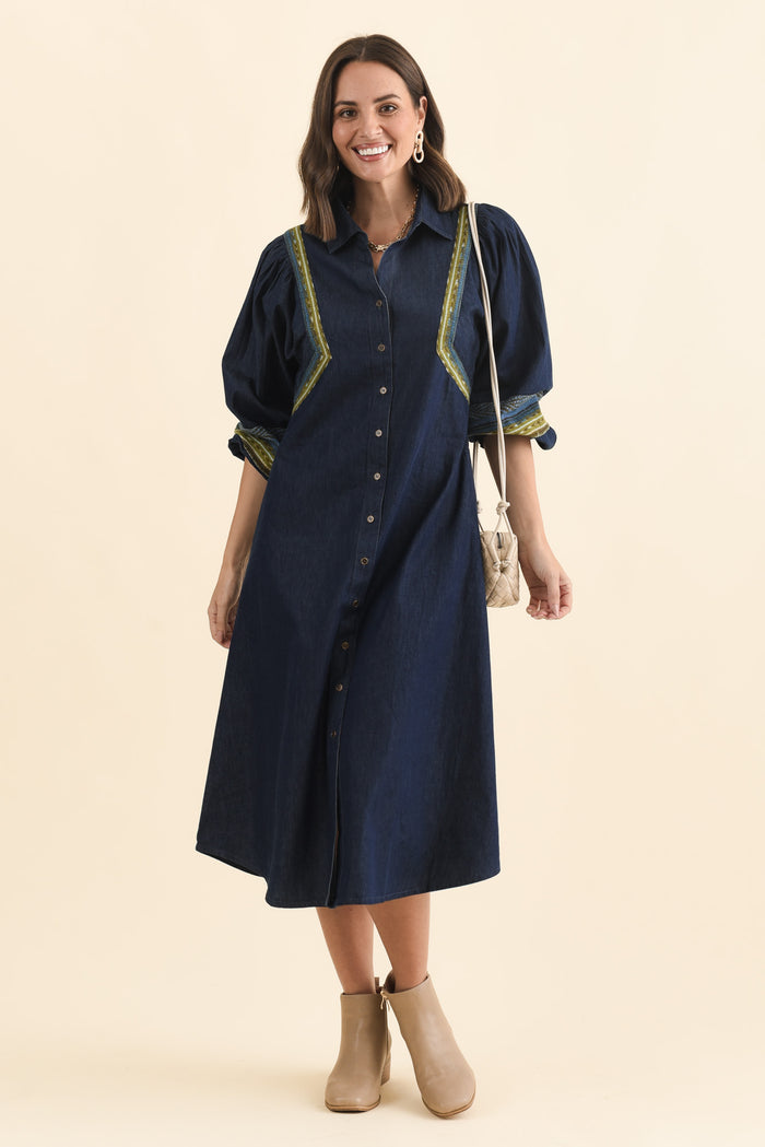 Aerome Blue Denim Puff Sleeve Dress,Brunette model,alt text|model:MJ