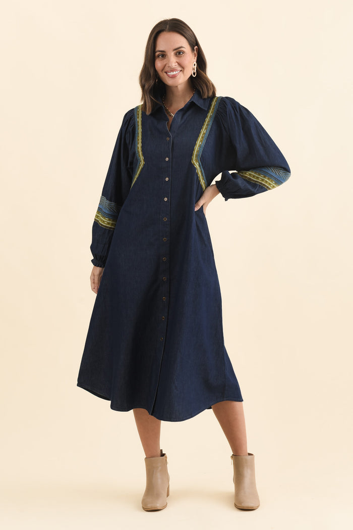 Aerome Blue Denim Puff Sleeve Dress,Brunette model,alt text|model:MJ