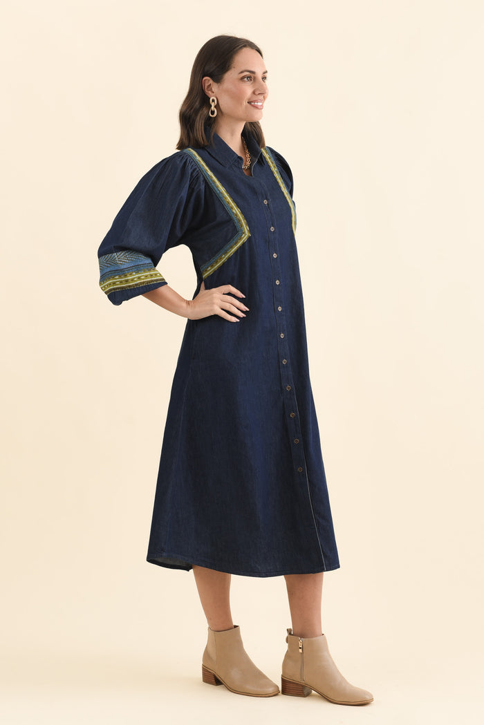 Aerome Blue Denim Puff Sleeve Dress,Brunette model,alt text|model:MJ