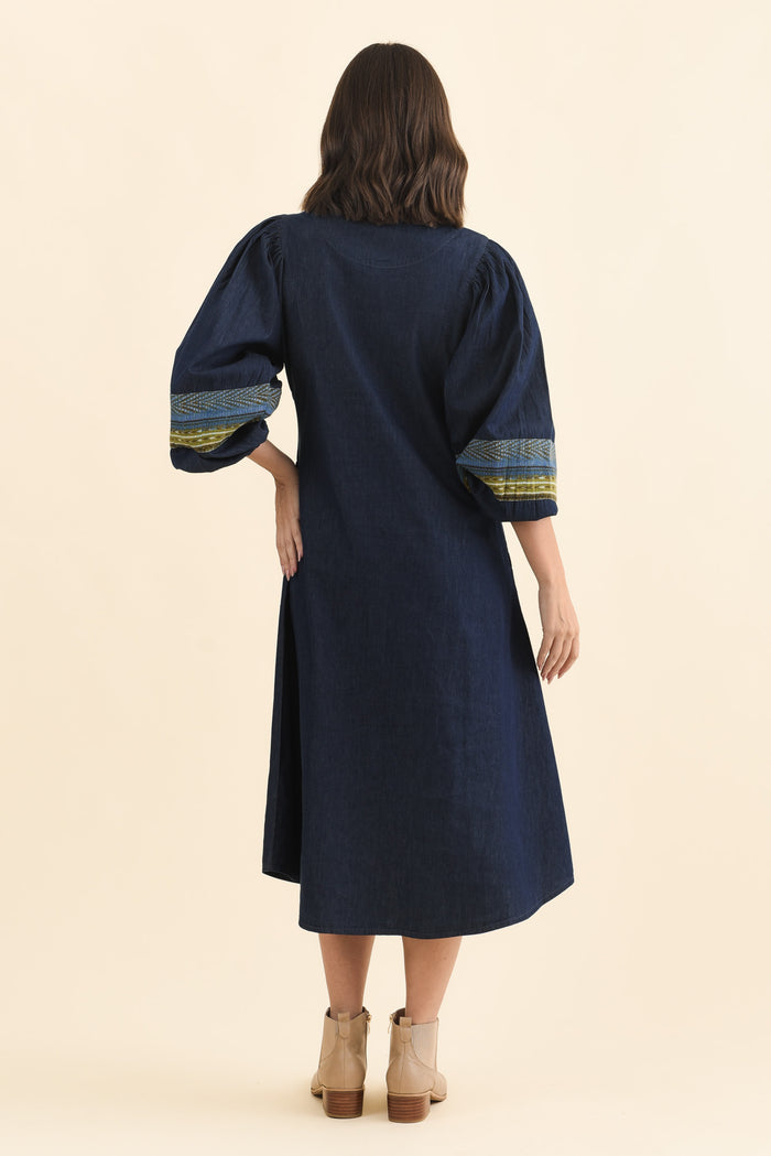 Aerome Blue Denim Puff Sleeve Dress,Brunette model,alt text|model:MJ