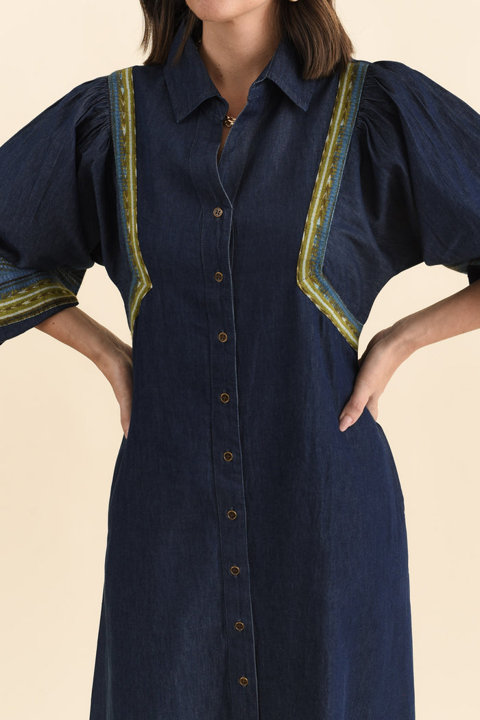 Aerome Blue Denim Puff Sleeve Dress,Brunette model,alt text|model:MJ