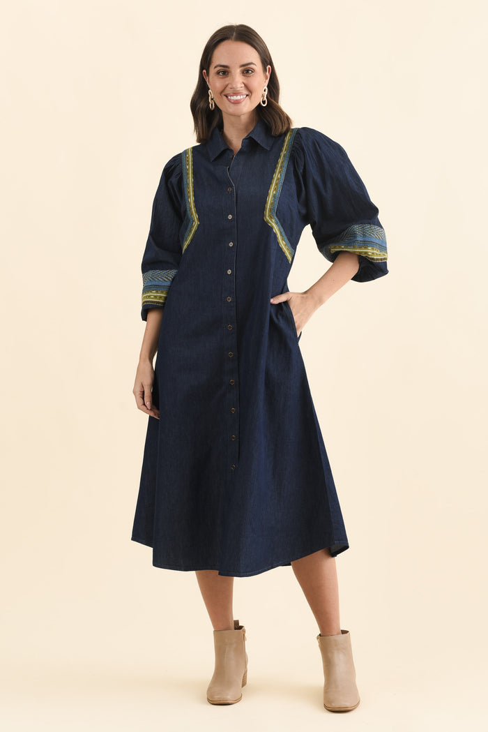 Aerome Blue Denim Puff Sleeve Dress,Brunette model,alt text|model:MJ