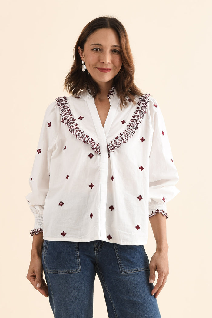 Agnes White Spot Embroidered Shirt,Front,Brunette model,alt text|model:Cara
