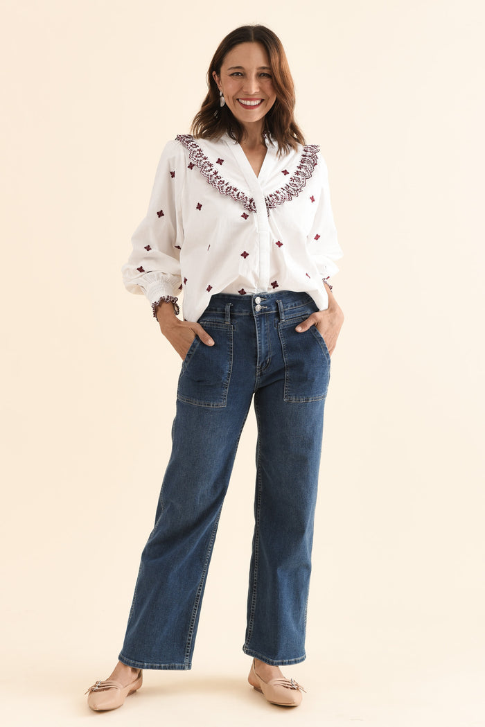 Agnes White Spot Embroidered Shirt,Full Body,Brunette model,alt text|model:Cara