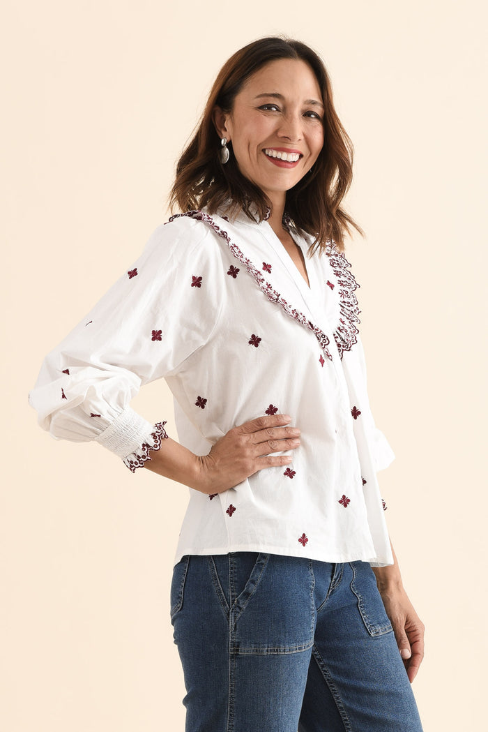 Agnes White Spot Embroidered Shirt,Side,Brunette model,alt text|model:Cara