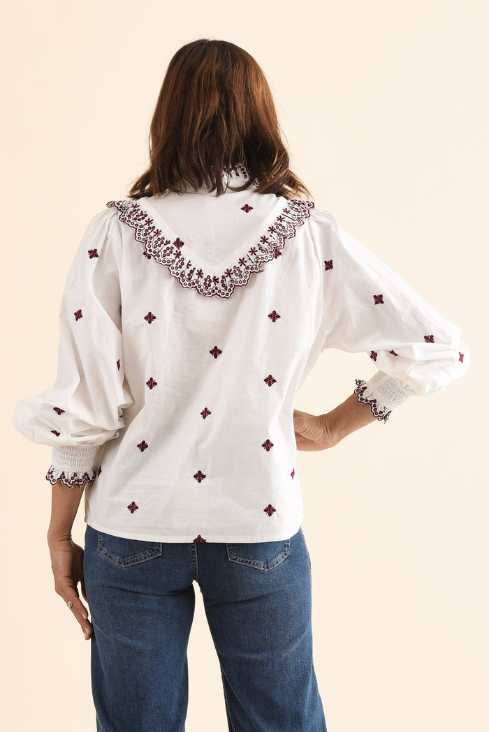 Agnes White Spot Embroidered Shirt,Back,Brunette model,alt text|model:Cara