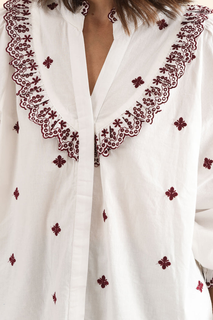 Agnes White Spot Embroidered Shirt,Detail,Brunette model,alt text|model:Cara