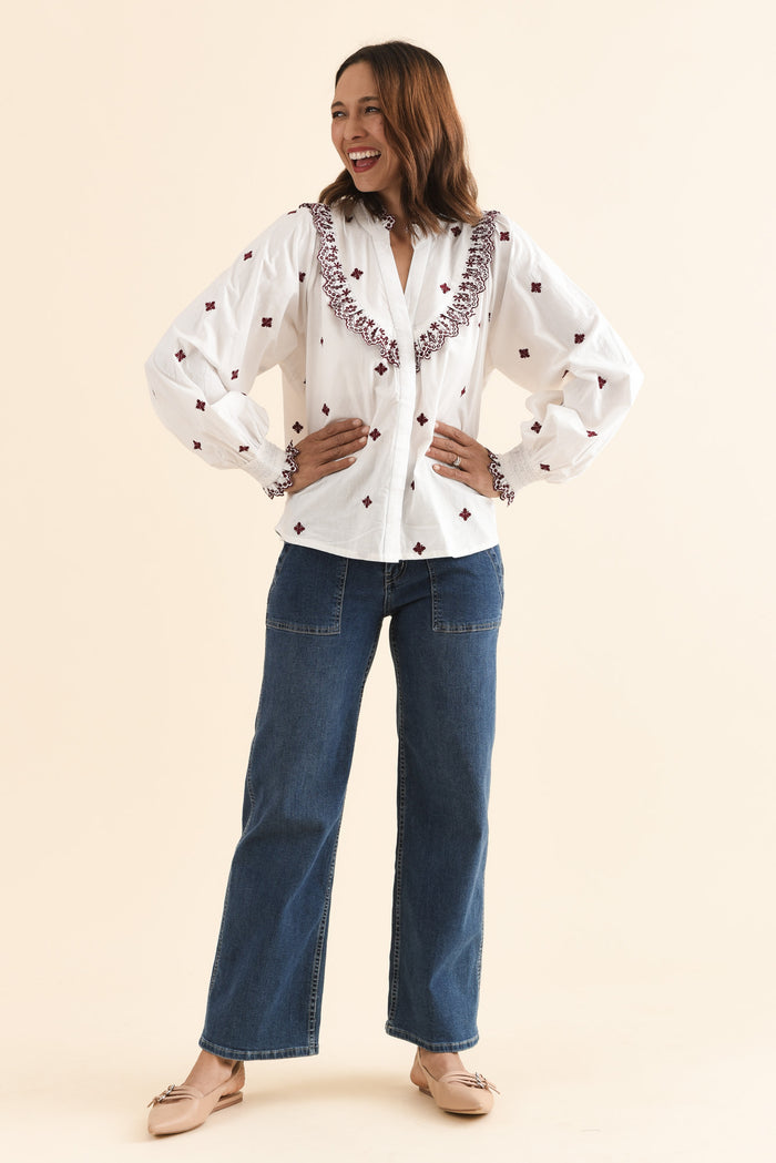 Agnes White Spot Embroidered Shirt,Full Body,Brunette model,alt text|model:Cara