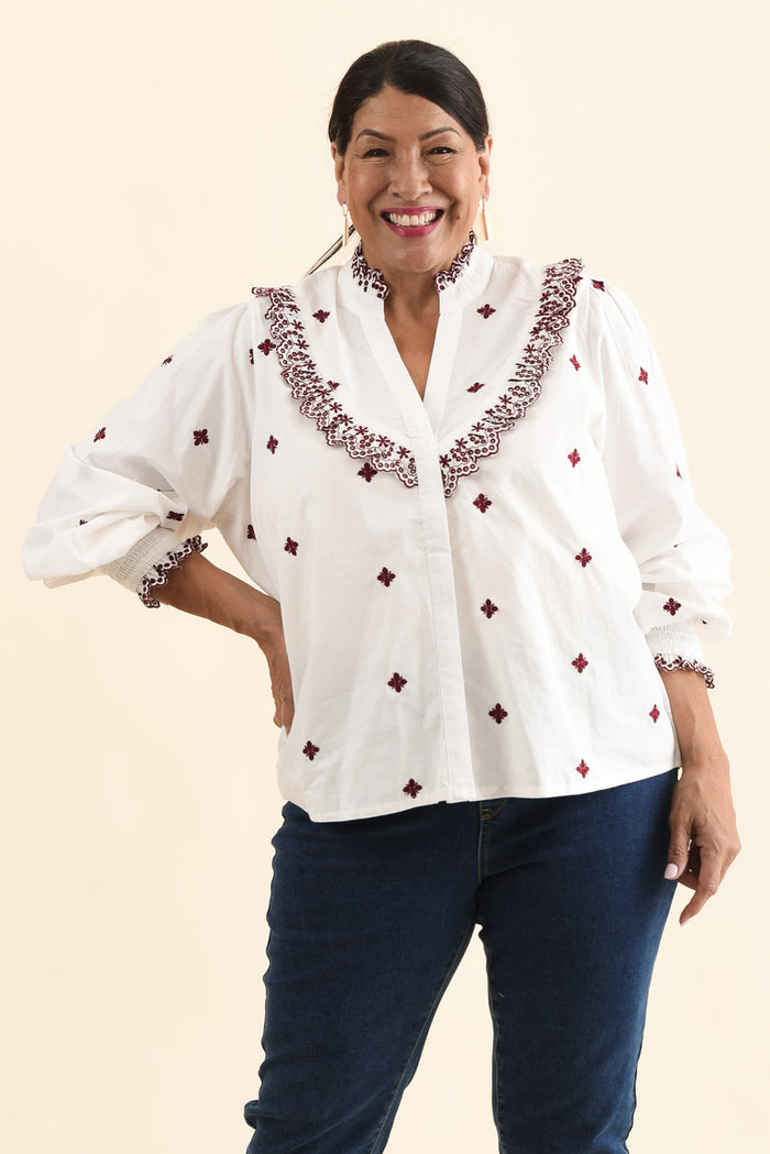Agnes White Spot Embroidered Shirt,Front,Brunette model,alt text|model:Pilita