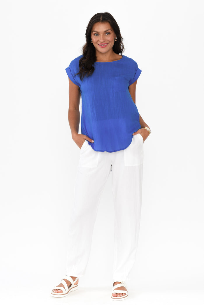 Aiden Cobalt Linen Blend Pocket Top,Brunette model,alt text|model:Brontie