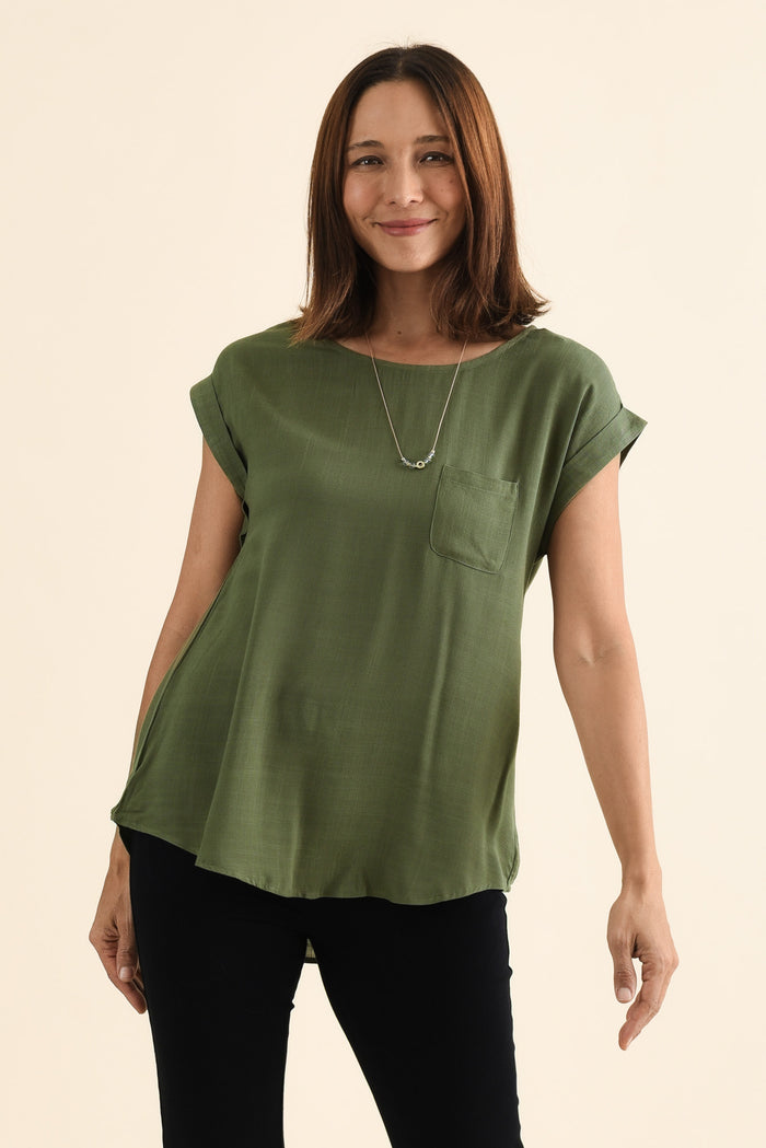 Aiden Khaki Linen Blend Pocket Top,Front,Brunette model,alt text|model:Cara