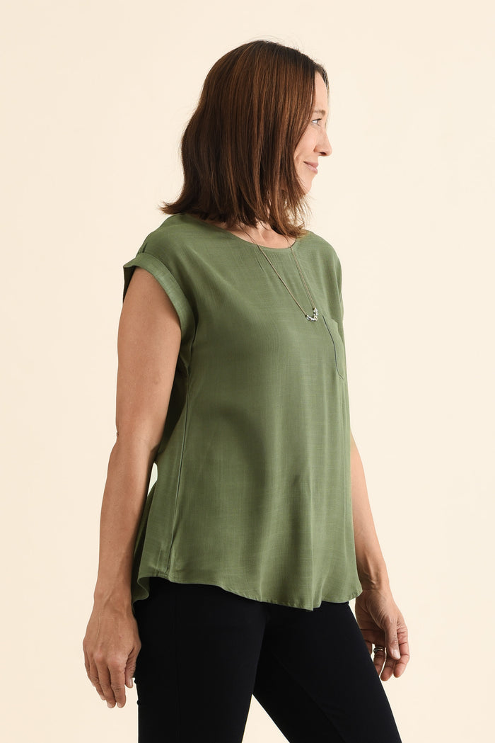 Aiden Khaki Linen Blend Pocket Top,Side,Brunette model,alt text|model:Cara