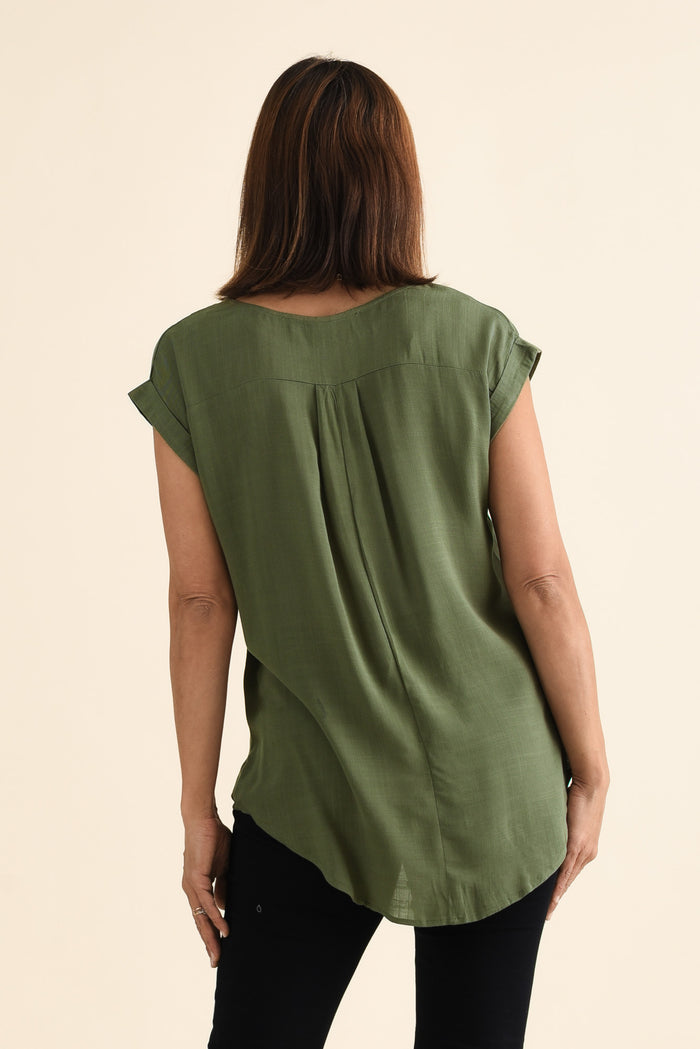 Aiden Khaki Linen Blend Pocket Top,Back,Brunette model,alt text|model:Cara