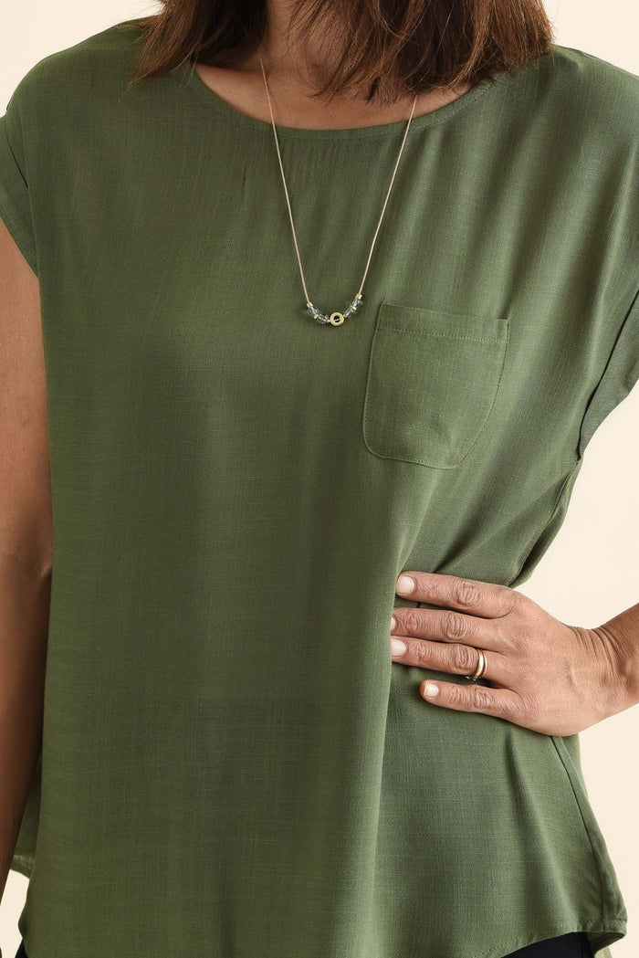 Aiden Khaki Linen Blend Pocket Top,Detail,Brunette model,alt text|model:Cara