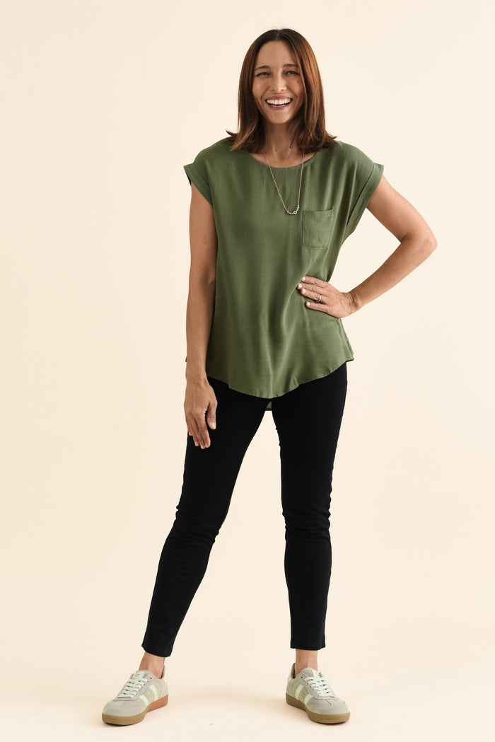 Aiden Khaki Linen Blend Pocket Top,Full Body,Brunette model,alt text|model:Cara