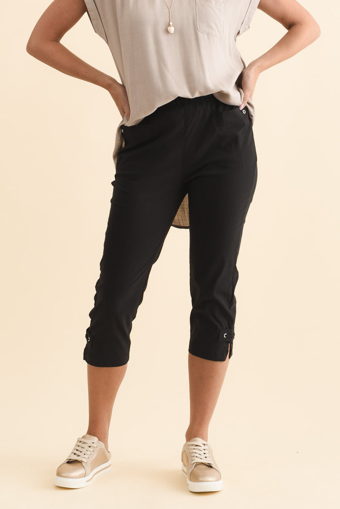 Air-Lite Black Stretch Capri Pants,Brunette model,alt text|model:MJ