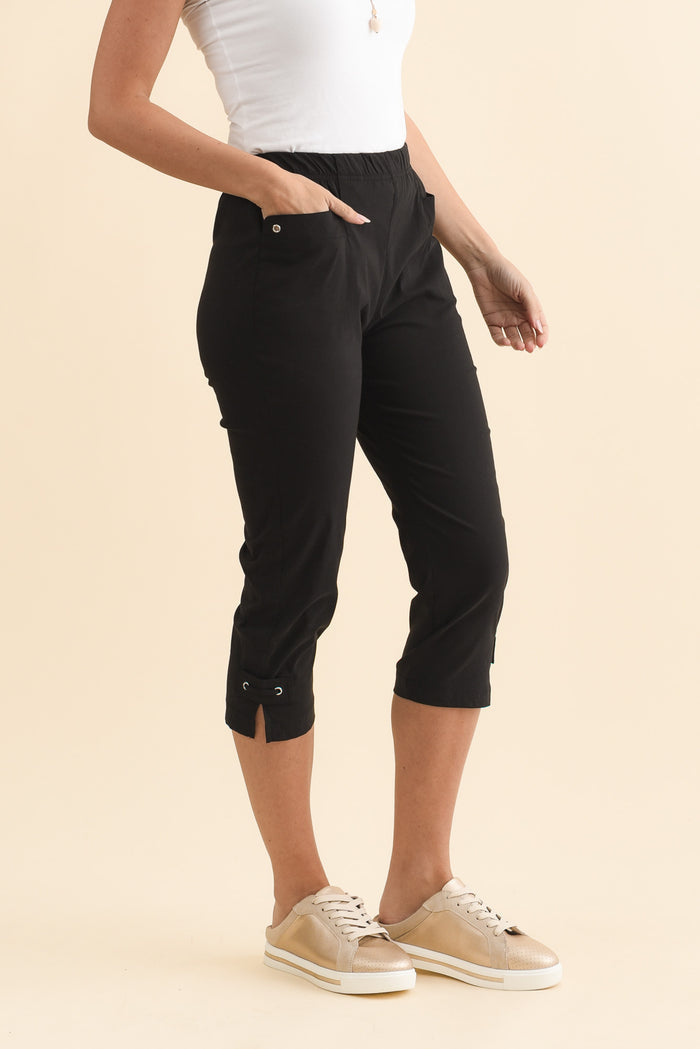 Air-Lite Black Stretch Capri Pants,Brunette model,alt text|model:MJ