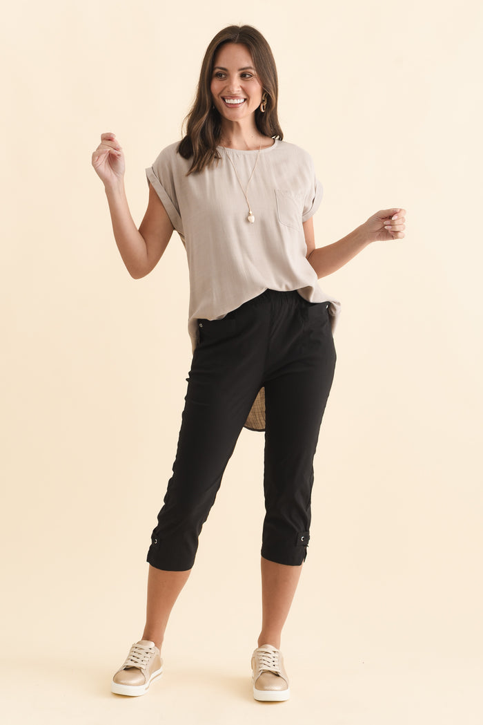 Air-Lite Black Stretch Capri Pants,Brunette model,alt text|model:MJ