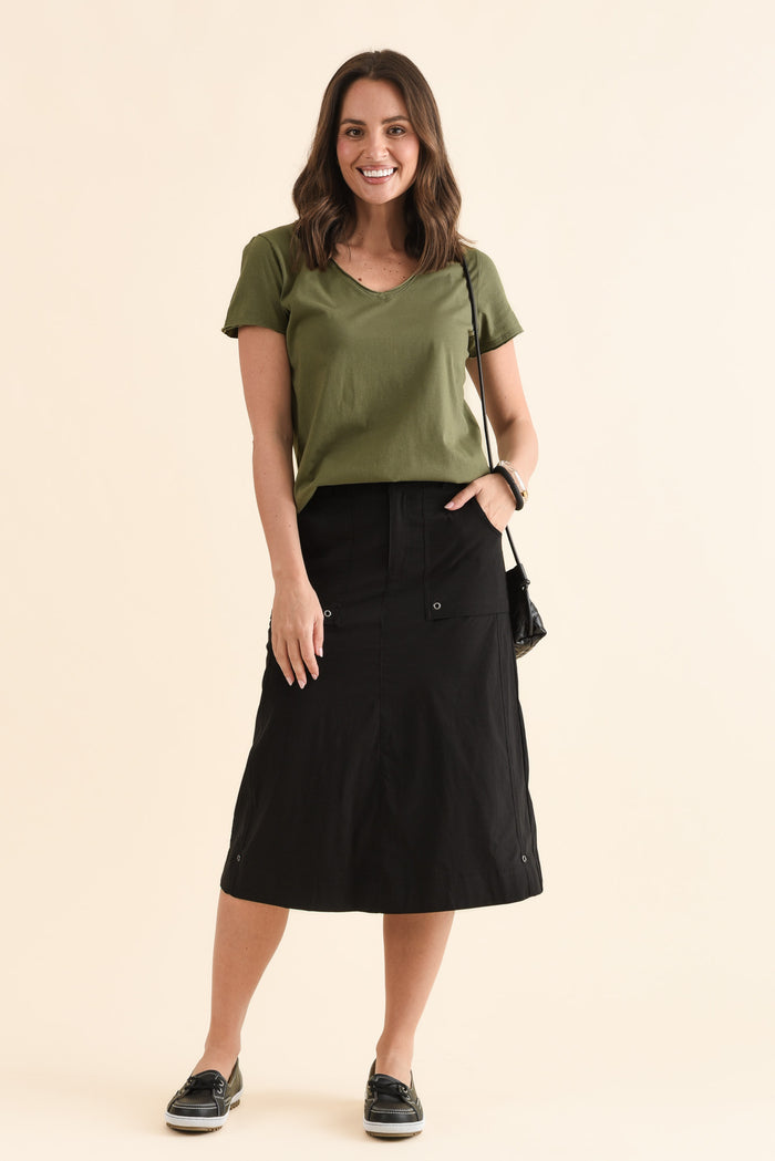 Air-Lite Black Stretch Cargo Skirt,Full Body,Brunette model,alt text|model:MJ