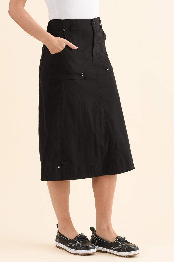 Air-Lite Black Stretch Cargo Skirt,Side,Brunette model,alt text|model:MJ