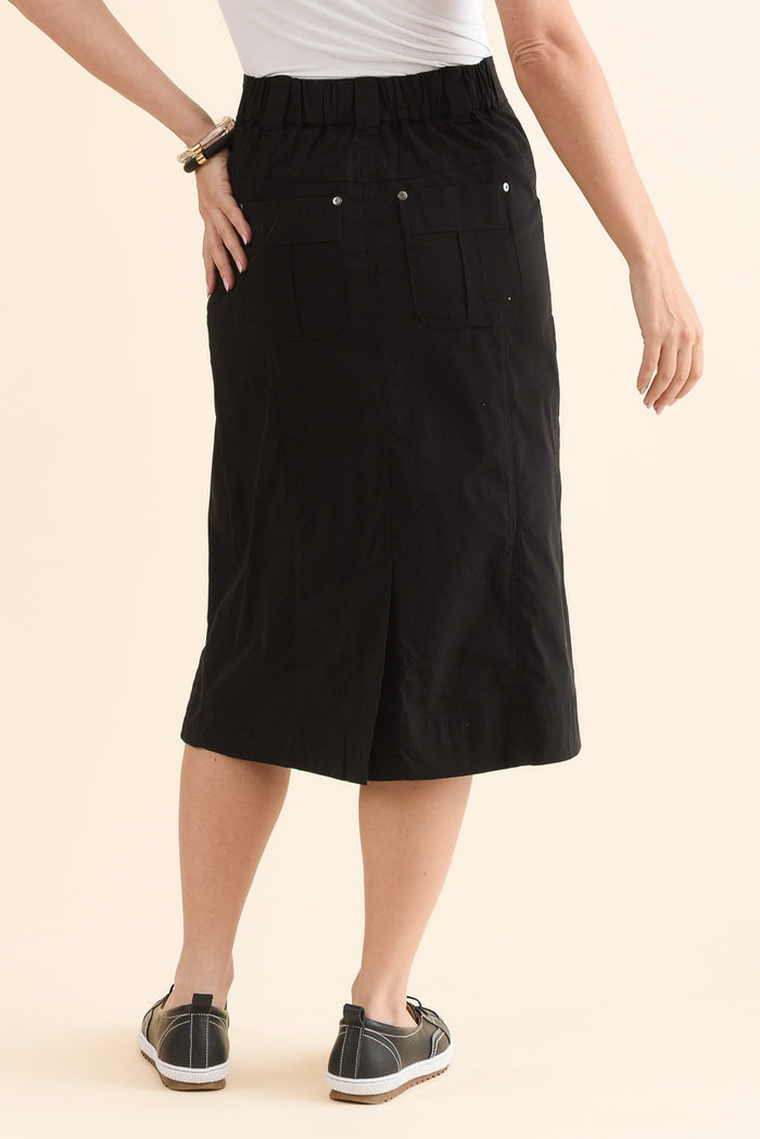 Air-Lite Black Stretch Cargo Skirt,Back,Brunette model,alt text|model:MJ