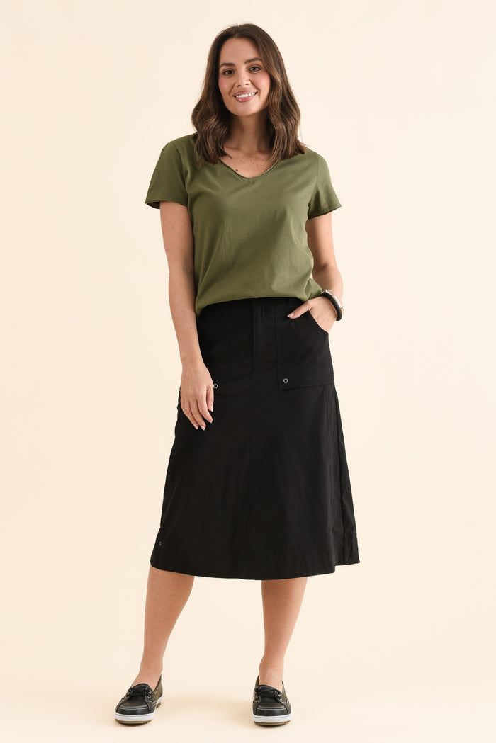 Air-Lite Black Stretch Cargo Skirt,Full Body,Brunette model,alt text|model:MJ