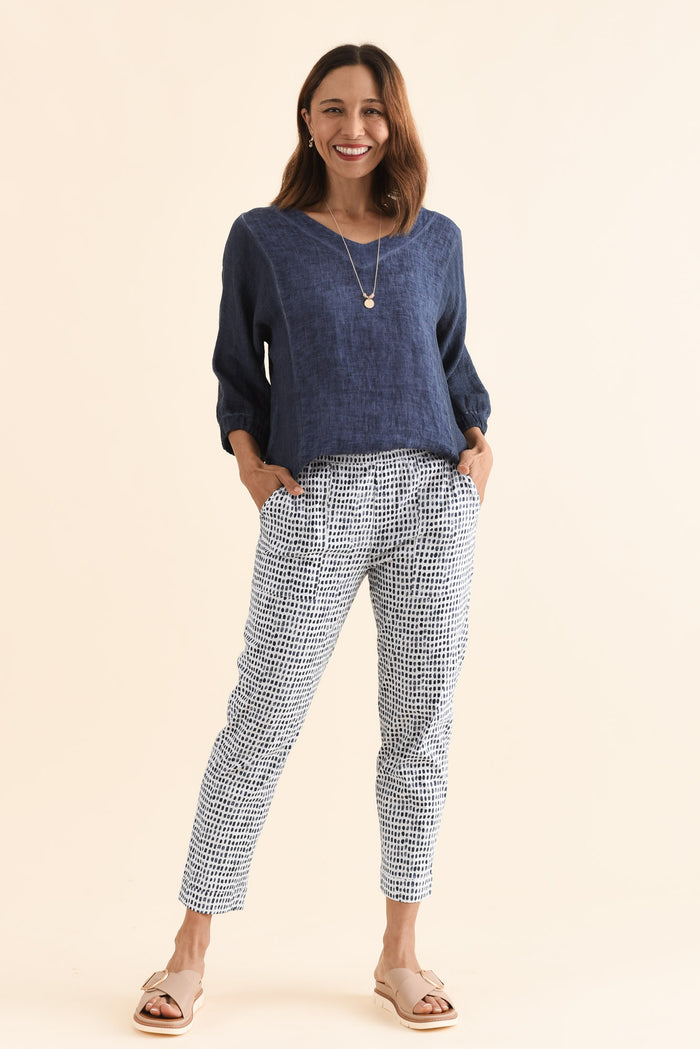 Air-Lite Blue Spot Stretch Cropped Pants,Full Body,Brunette model,alt text|model:Cara