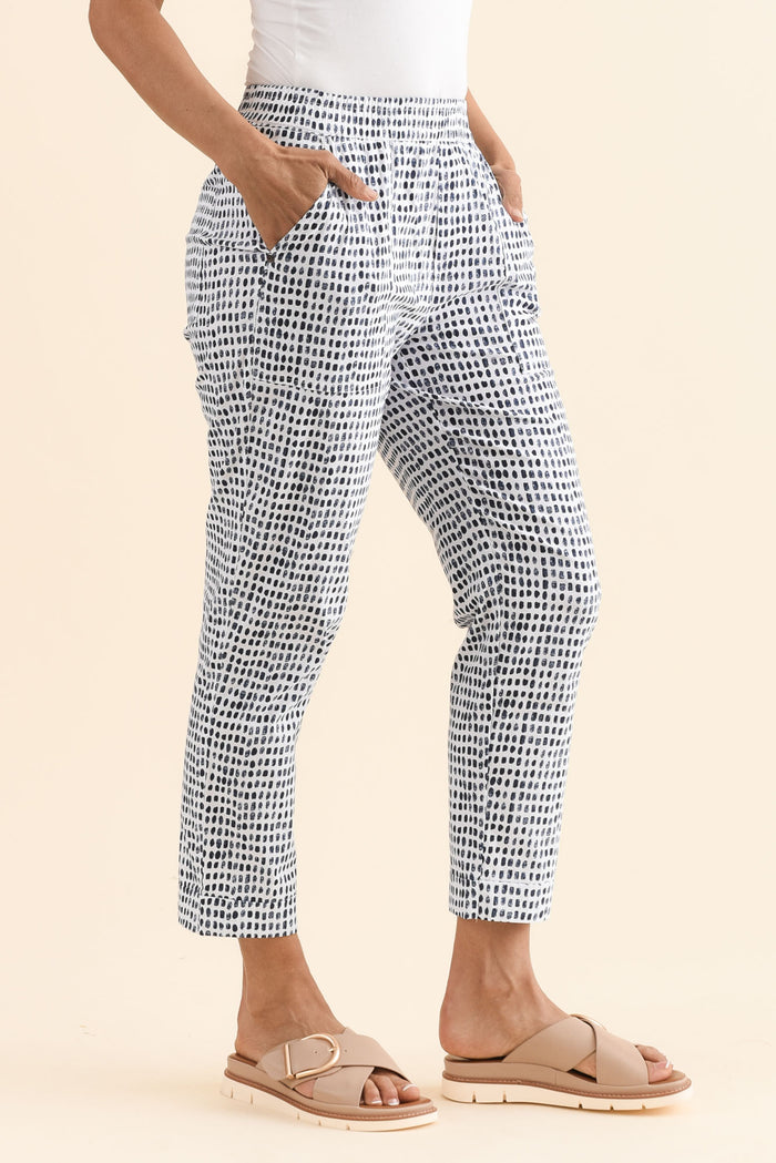 Air-Lite Blue Spot Stretch Cropped Pants,Side,Brunette model,alt text|model:Cara