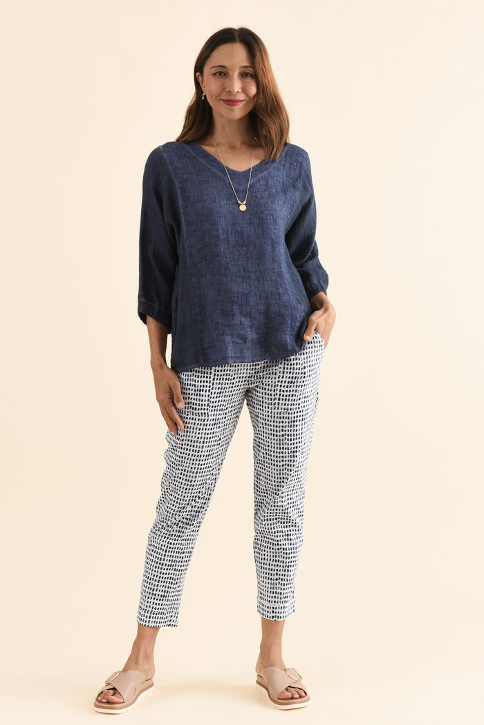 Air-Lite Blue Spot Stretch Cropped Pants,Full Body,Brunette model,alt text|model:Cara