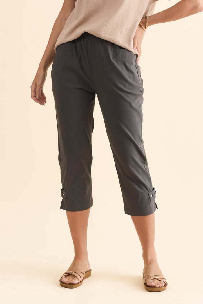 Air-Lite Charcoal Stretch Capri Pants,Brunette model,alt text|model:MJ