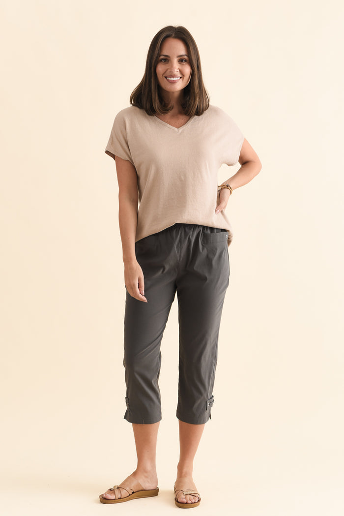 Air-Lite Charcoal Stretch Capri Pants,Brunette model,alt text|model:MJ