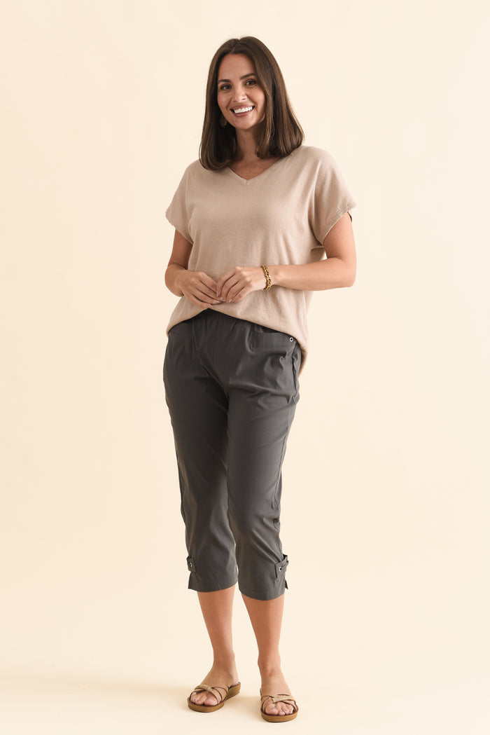 Air-Lite Charcoal Stretch Capri Pants,Brunette model,alt text|model:MJ