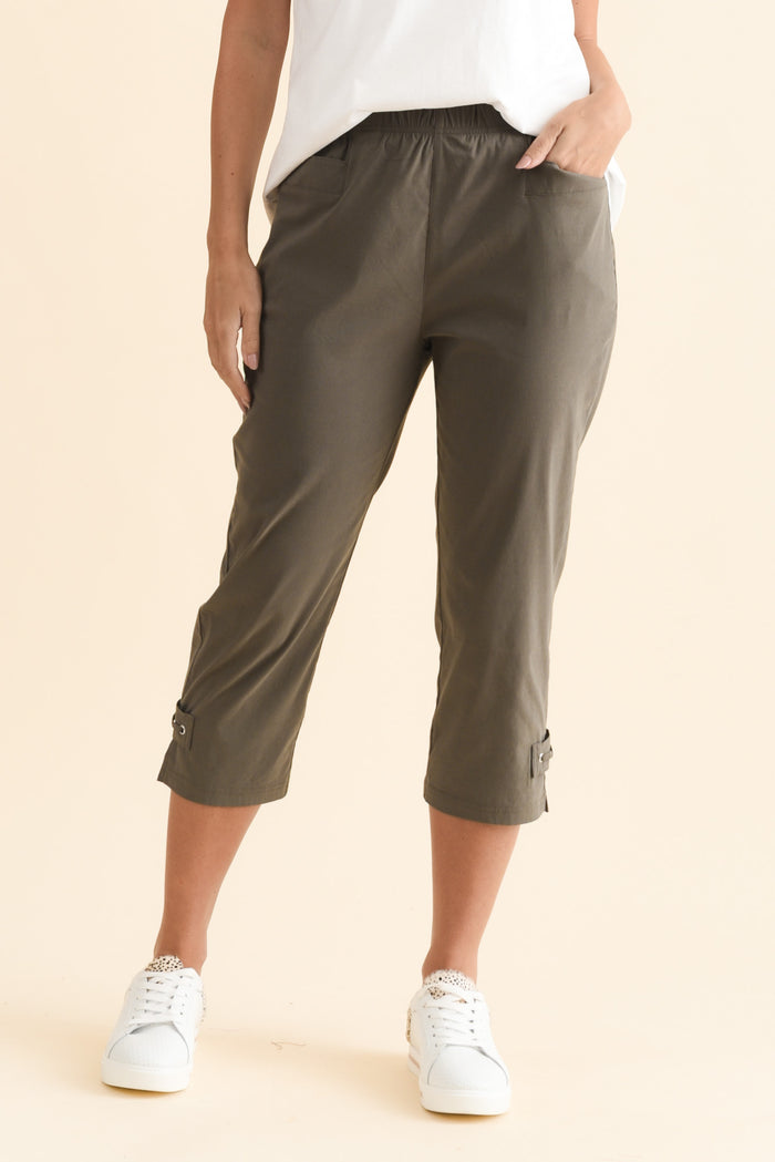 Air-Lite Olive Stretch Capri Pants,Brunette model,alt text|model:MJ