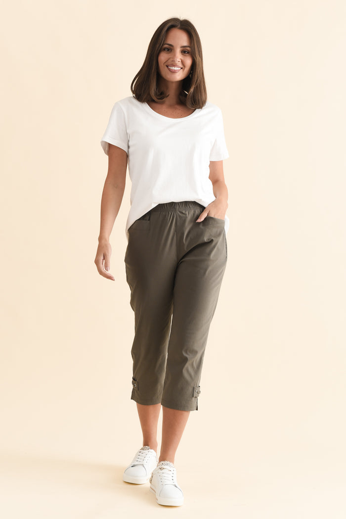 Air-Lite Olive Stretch Capri Pants,Brunette model,alt text|model:MJ