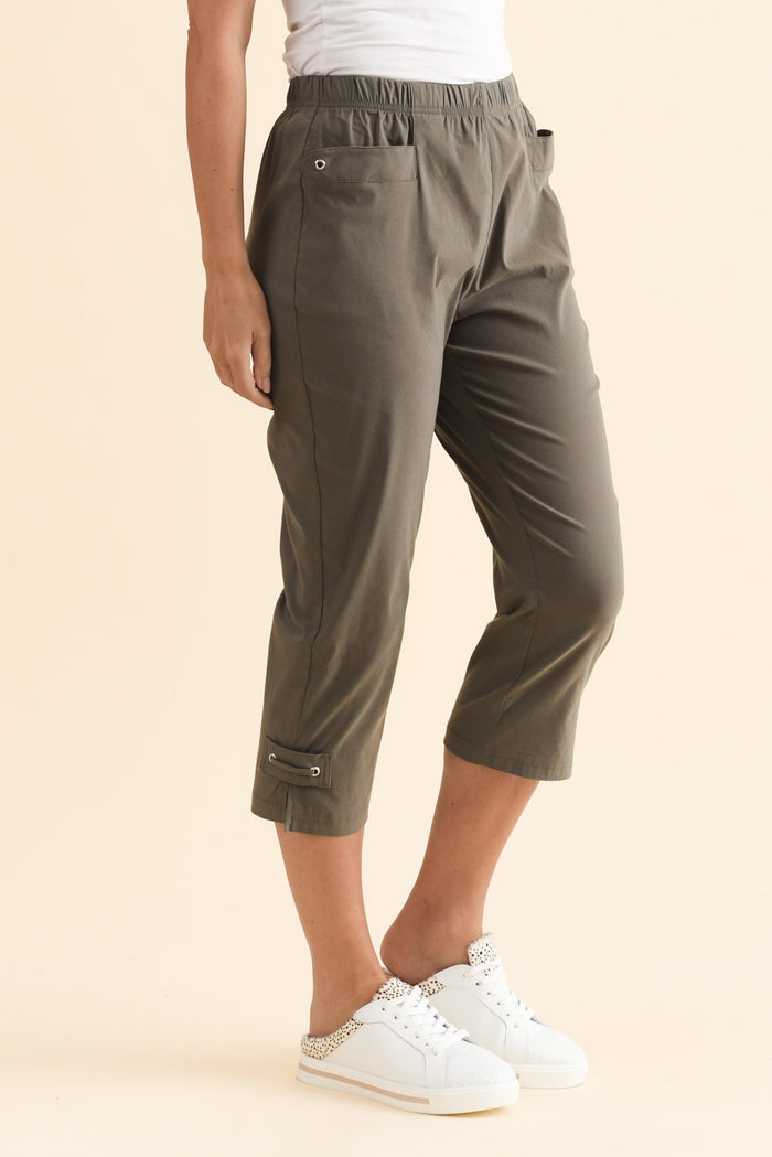 Air-Lite Olive Stretch Capri Pants,Brunette model,alt text|model:MJ