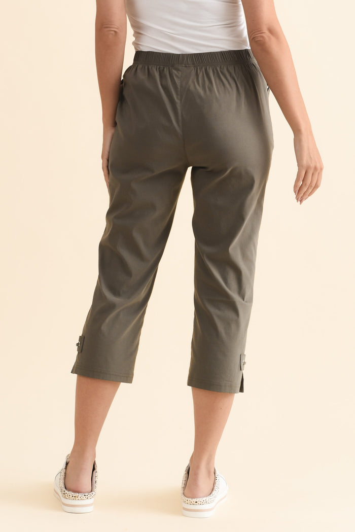 Air-Lite Olive Stretch Capri Pants,Brunette model,alt text|model:MJ