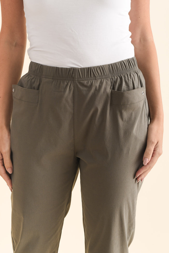 Air-Lite Olive Stretch Capri Pants,Brunette model,alt text|model:MJ