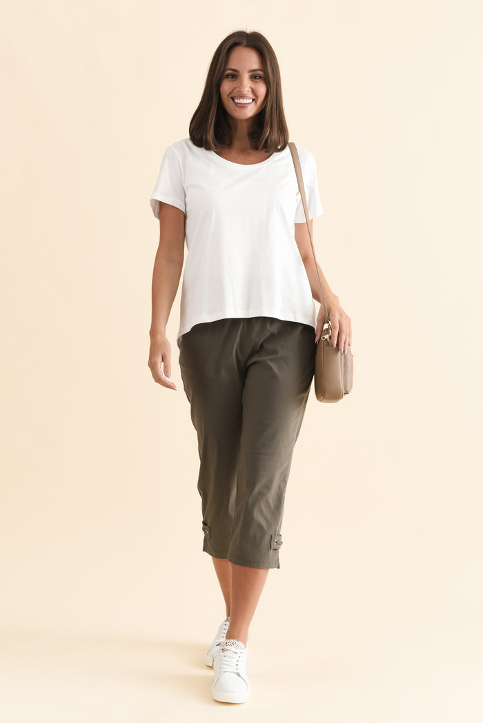 Air-Lite Olive Stretch Capri Pants,Brunette model,alt text|model:MJ