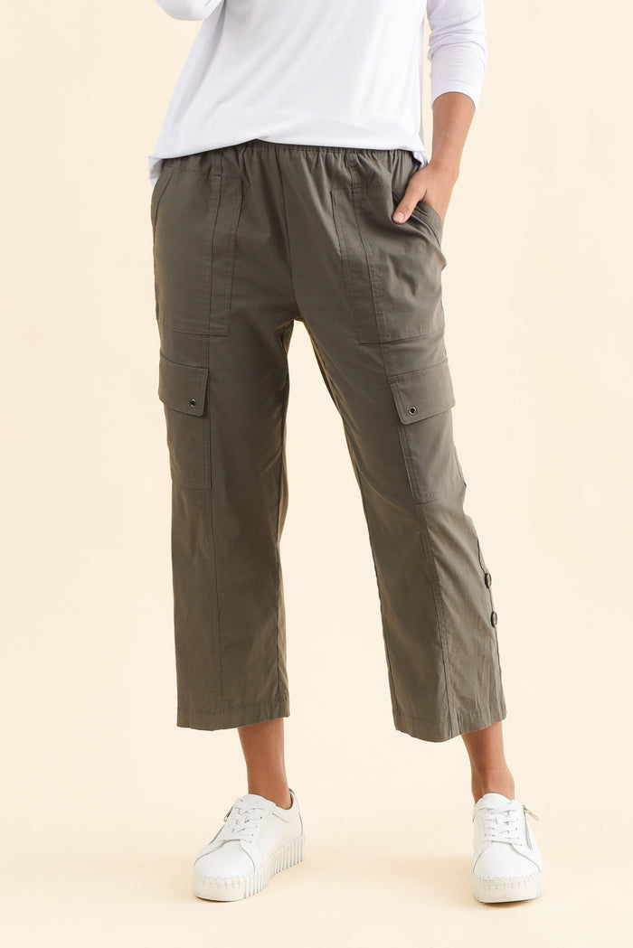 Air-Lite Olive Stretch Cargo Pants,Front,Brunette model,alt text|model:Brontie
