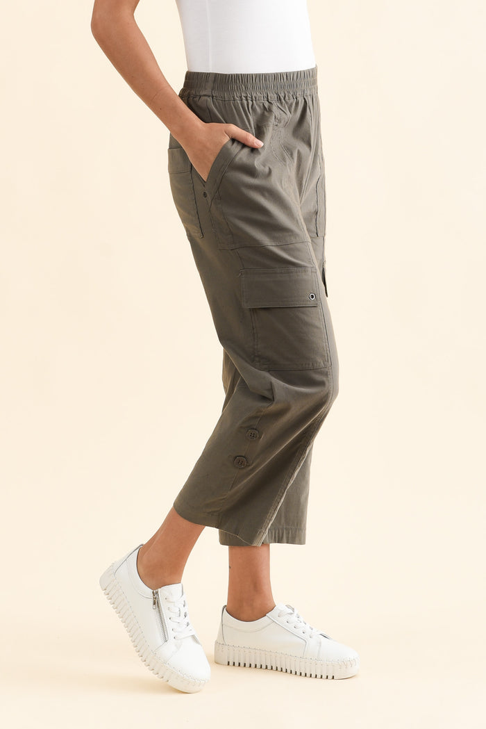 Air-Lite Olive Stretch Cargo Pants,Side,Brunette model,alt text|model:Brontie