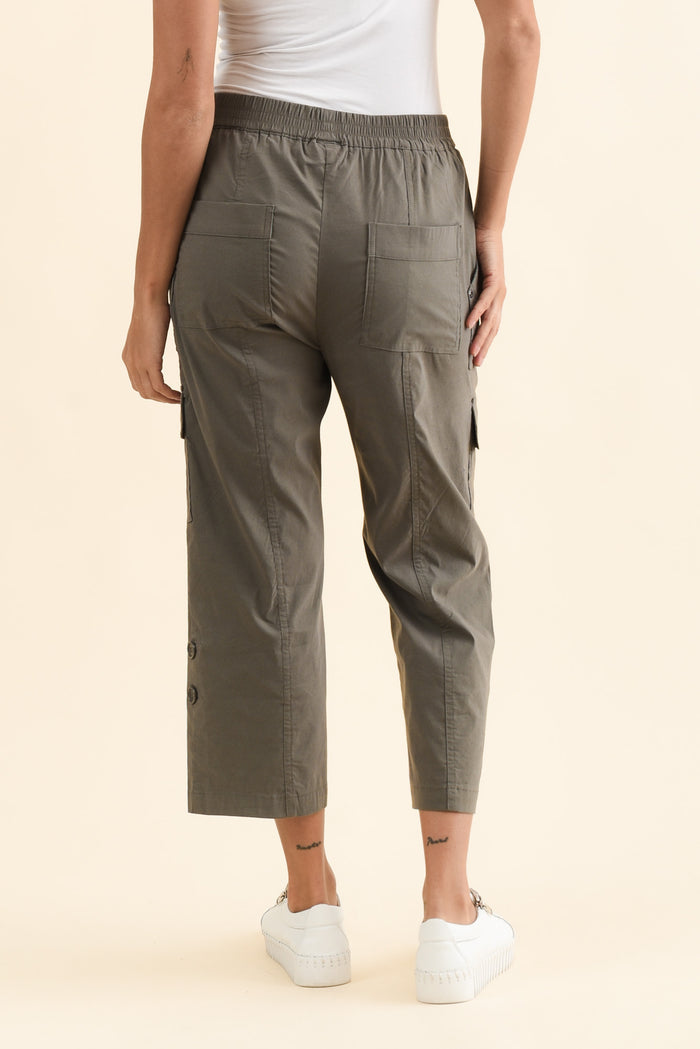 Air-Lite Olive Stretch Cargo Pants,Back,Brunette model,alt text|model:Brontie