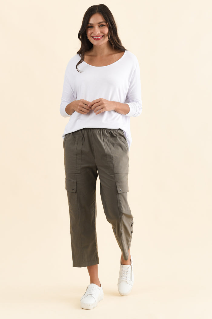 Air-Lite Olive Stretch Cargo Pants,Full Body,Brunette model,alt text|model:Brontie