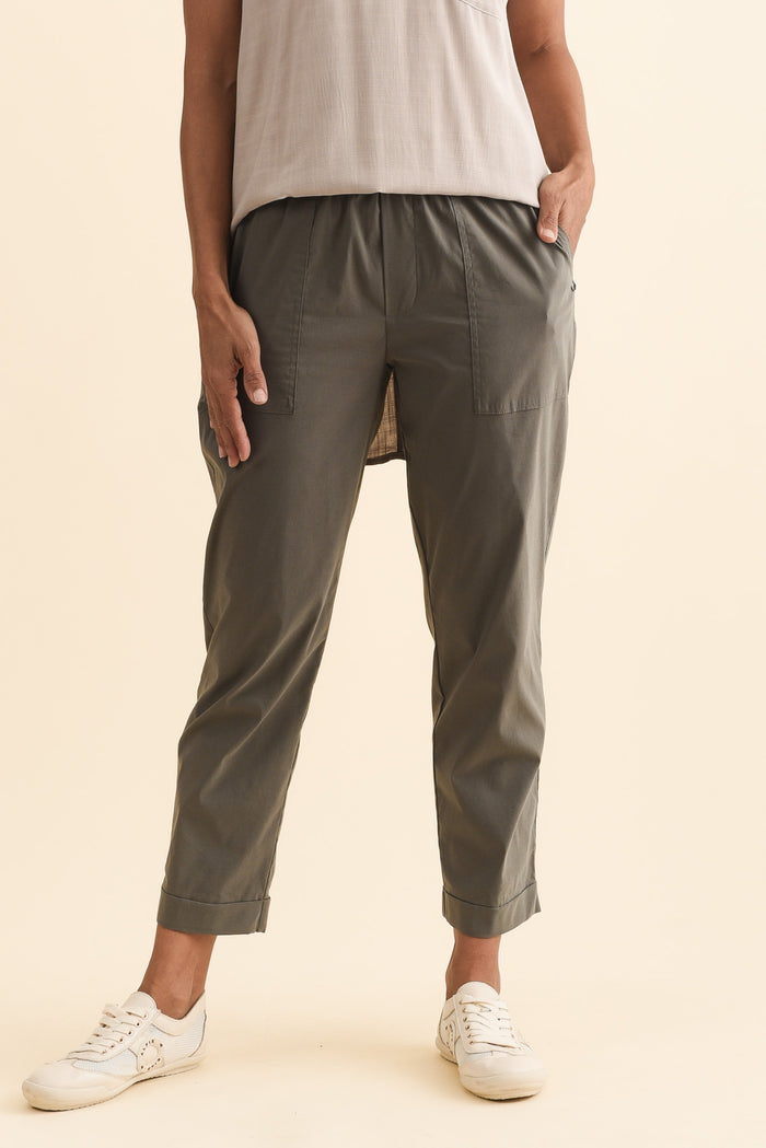Air-Lite Olive Stretch Cropped Pants,Brunette model,alt text|model:Cara