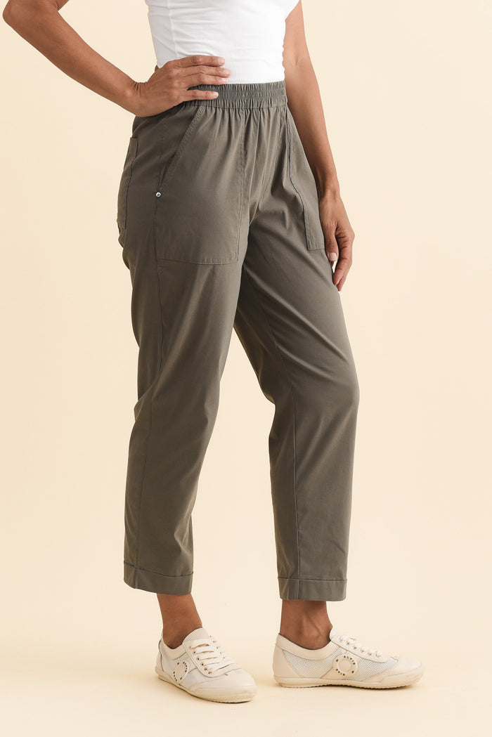 Air-Lite Olive Stretch Cropped Pants,Brunette model,alt text|model:Cara