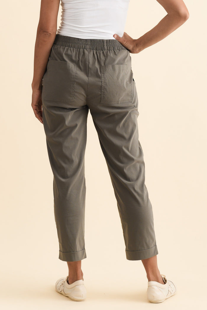 Air-Lite Olive Stretch Cropped Pants,Brunette model,alt text|model:Cara