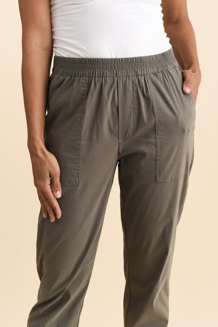 Air-Lite Olive Stretch Cropped Pants,Brunette model,alt text|model:Cara