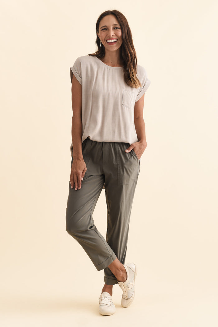 Air-Lite Olive Stretch Cropped Pants,Brunette model,alt text|model:Cara