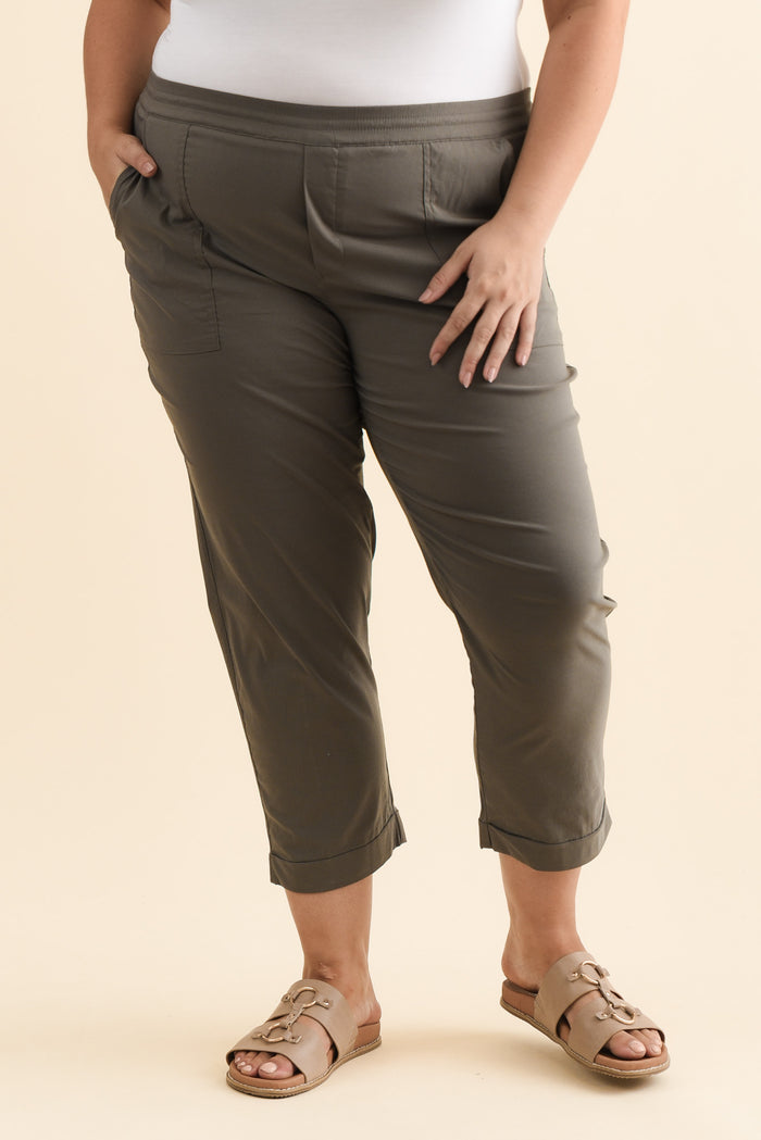 Air-Lite Olive Stretch Cropped Pants,Brunette model,plus-size,curve-bottoms,plus-size-Pants,alt text|model:Gabby