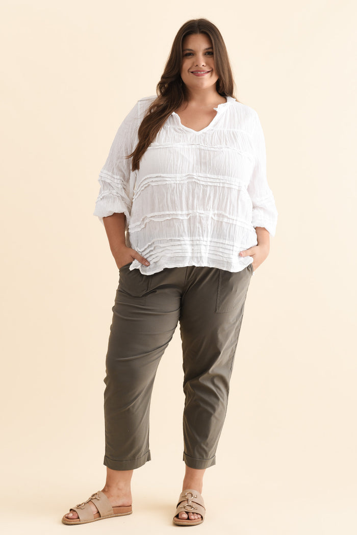Air-Lite Olive Stretch Cropped Pants,Brunette model,alt text|model:Gabby
